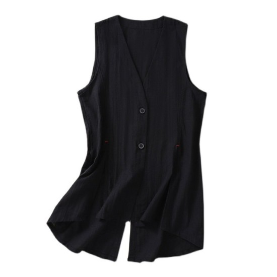 Artistic Retro Loose Ramie Cotton Buttoned Vest Outwear