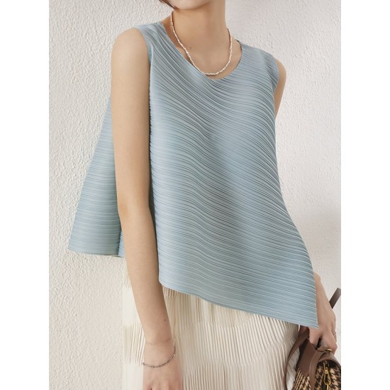 Simple Loose Sleeveless Pleated Asymmetric Solid Color Round-Neck Vest Top