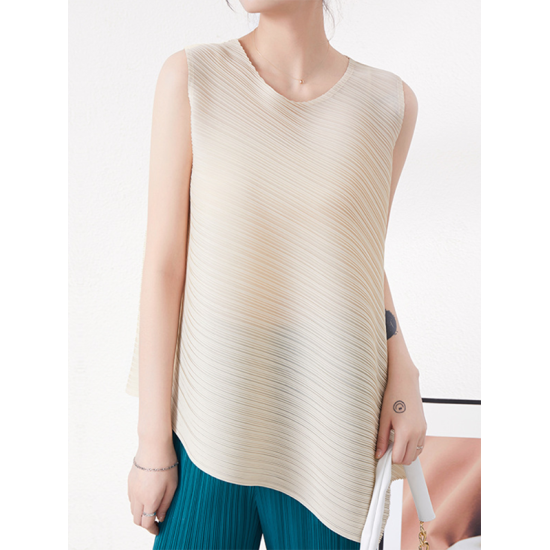 Simple Loose Sleeveless Pleated Asymmetric Solid Color Round-Neck Vest Top