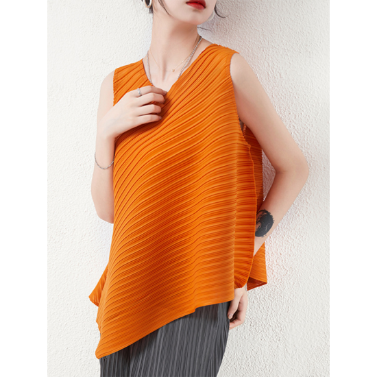 Simple Loose Sleeveless Pleated Asymmetric Solid Color Round-Neck Vest Top