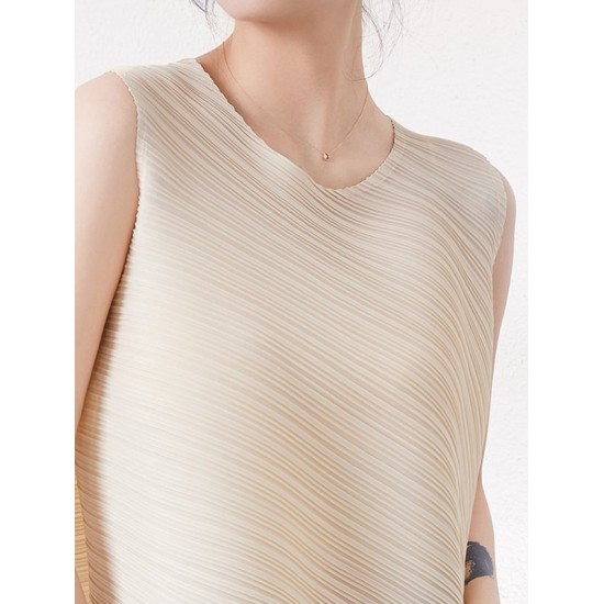 Simple Loose Sleeveless Pleated Asymmetric Solid Color Round-Neck Vest Top