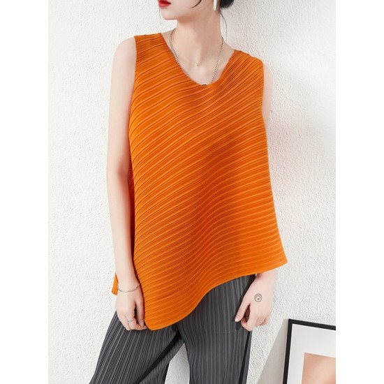 Simple Loose Sleeveless Pleated Asymmetric Solid Color Round-Neck Vest Top