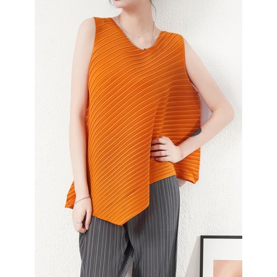 Simple Loose Sleeveless Pleated Asymmetric Solid Color Round-Neck Vest Top