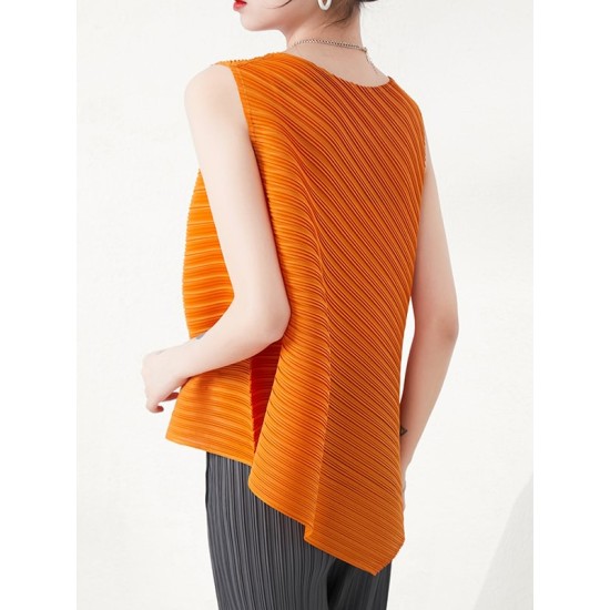 Simple Loose Sleeveless Pleated Asymmetric Solid Color Round-Neck Vest Top