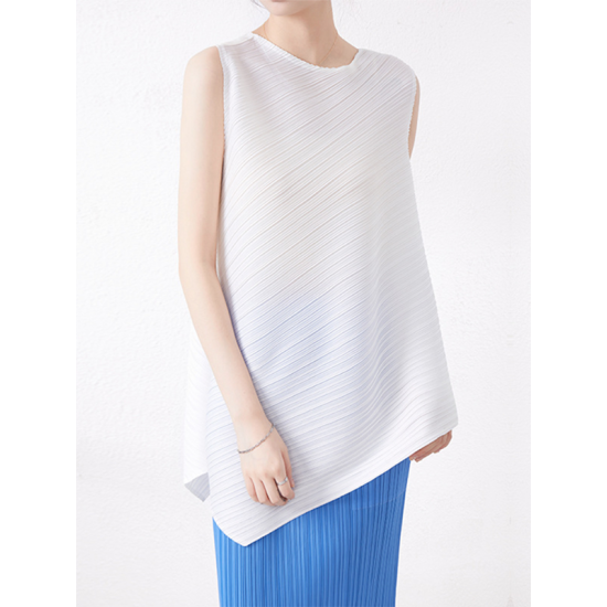 Simple Loose Sleeveless Pleated Asymmetric Solid Color Round-Neck Vest Top