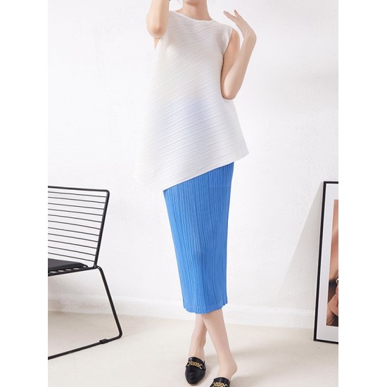 Simple Loose Sleeveless Pleated Asymmetric Solid Color Round-Neck Vest Top