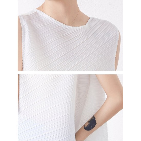 Simple Loose Sleeveless Pleated Asymmetric Solid Color Round-Neck Vest Top