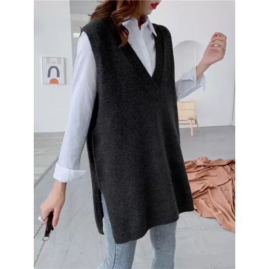 Trendy Sleeveless Split-Side Solid Color V-Neck Knitted Vest