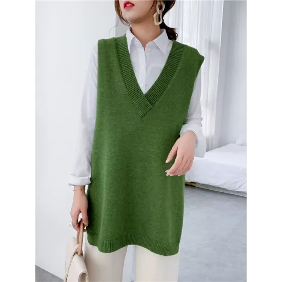 Trendy Sleeveless Split-Side Solid Color V-Neck Knitted Vest