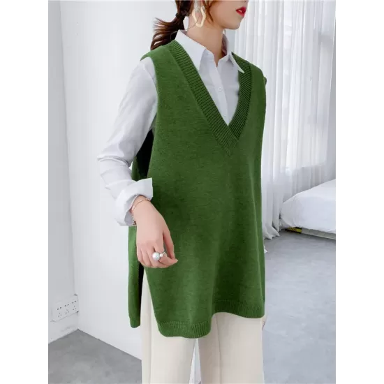 Trendy Sleeveless Split-Side Solid Color V-Neck Knitted Vest