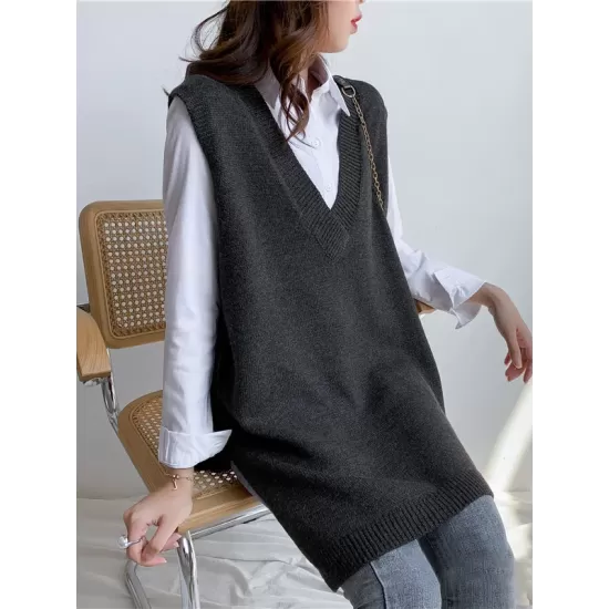 Trendy Sleeveless Split-Side Solid Color V-Neck Knitted Vest