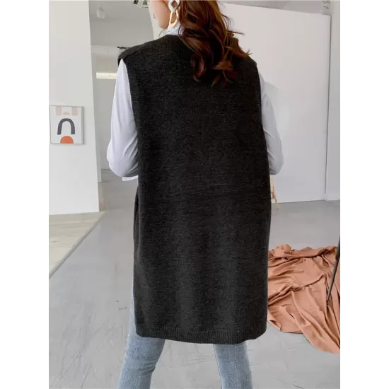 Trendy Sleeveless Split-Side Solid Color V-Neck Knitted Vest