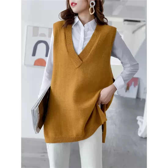 Trendy Sleeveless Split-Side Solid Color V-Neck Knitted Vest