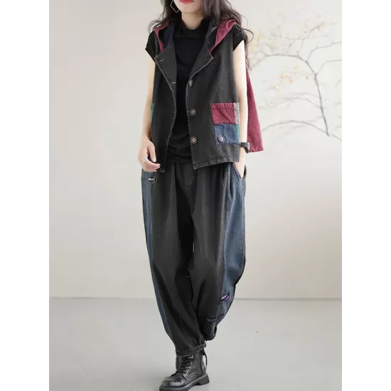 Artistic Retro Loose Denim Sleeveless Buttoned Contrast Color Hooded Vest Outerwear