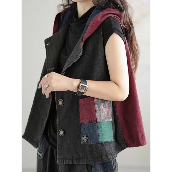 Artistic Retro Loose Denim Sleeveless Buttoned Contrast Color Hooded Vest Outerwear