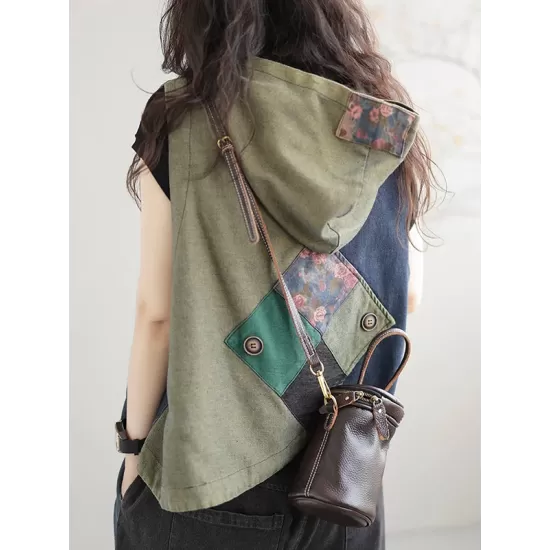 Artistic Retro Loose Denim Sleeveless Buttoned Contrast Color Hooded Vest Outerwear