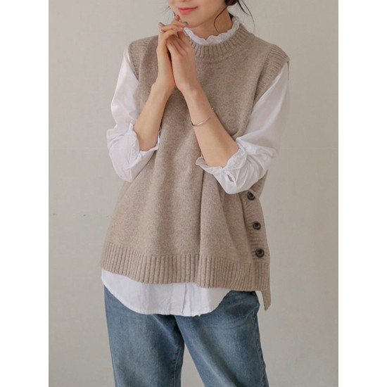 Simple Sleeveless Loose Buttoned Solid Color Round-Neck Sweater Vest Outerwear