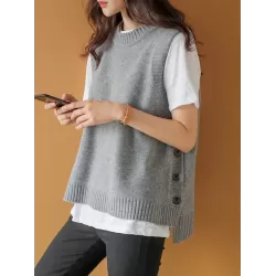 Simple Sleeveless Loose Buttoned Solid Color Round-Neck Sweater Vest Outerwear