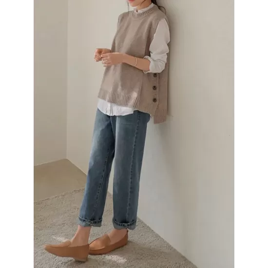 Simple Sleeveless Loose Buttoned Solid Color Round-Neck Sweater Vest Outerwear