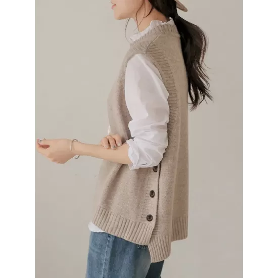 Simple Sleeveless Loose Buttoned Solid Color Round-Neck Sweater Vest Outerwear