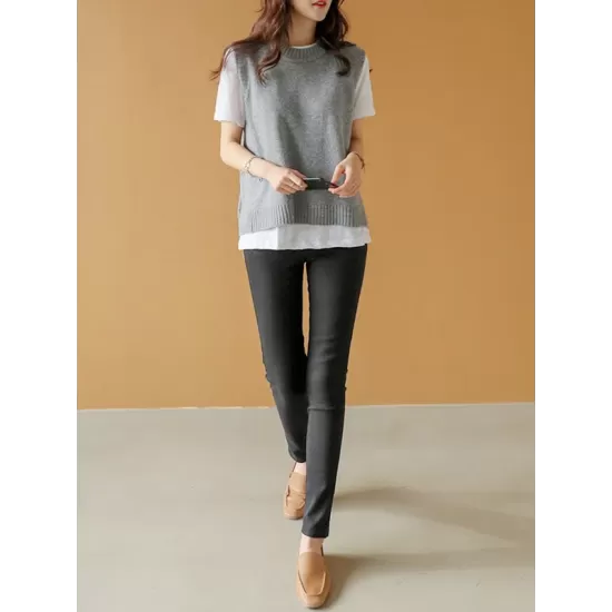 Simple Sleeveless Loose Buttoned Solid Color Round-Neck Sweater Vest Outerwear