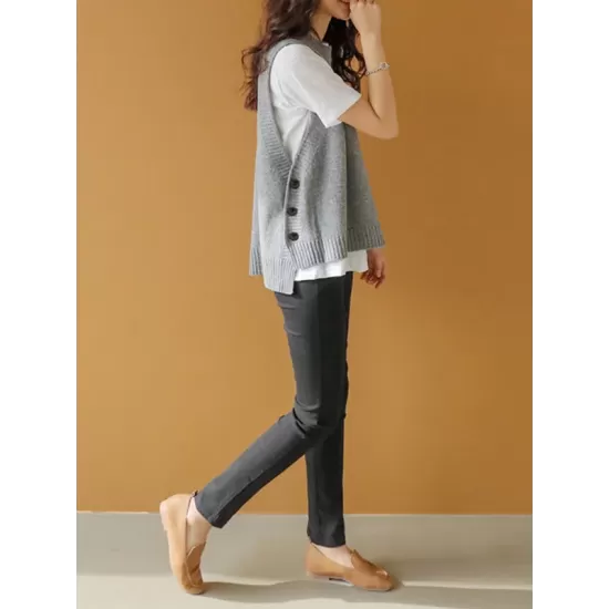 Simple Sleeveless Loose Buttoned Solid Color Round-Neck Sweater Vest Outerwear