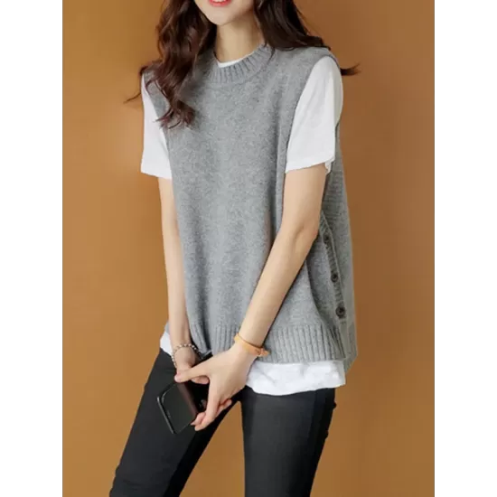 Simple Sleeveless Loose Buttoned Solid Color Round-Neck Sweater Vest Outerwear