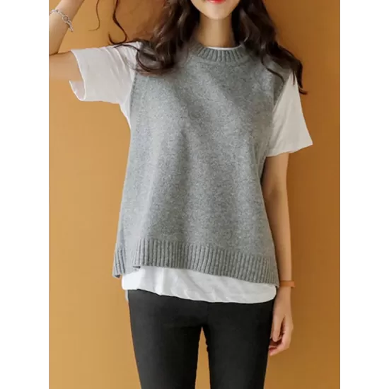 Simple Sleeveless Loose Buttoned Solid Color Round-Neck Sweater Vest Outerwear