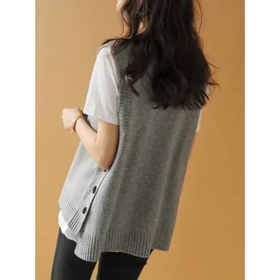 Simple Sleeveless Loose Buttoned Solid Color Round-Neck Sweater Vest Outerwear