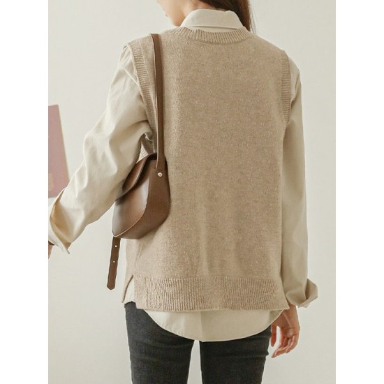 Casual Loose Sleeveless Solid Color V-Neck Sweater Vest Outerwear