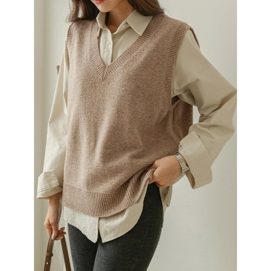 Casual Loose Sleeveless Solid Color V-Neck Sweater Vest Outerwear