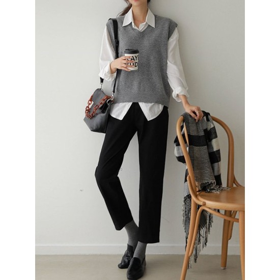 Casual Loose Sleeveless Solid Color V-Neck Sweater Vest Outerwear