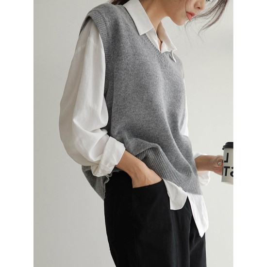 Casual Loose Sleeveless Solid Color V-Neck Sweater Vest Outerwear