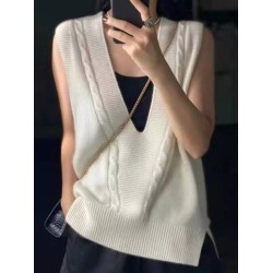 Casual Loose Knitting Sleeveless Solid Color V-Neck Vest Top