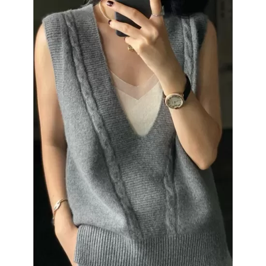 Casual Loose Knitting Sleeveless Solid Color V-Neck Vest Top