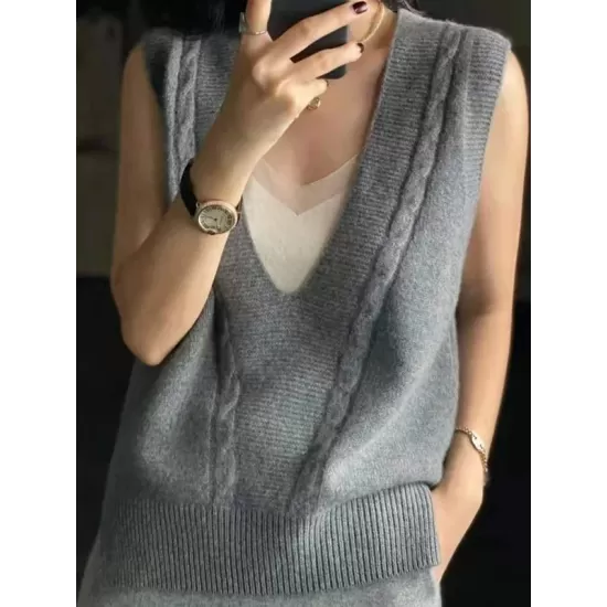 Casual Loose Knitting Sleeveless Solid Color V-Neck Vest Top