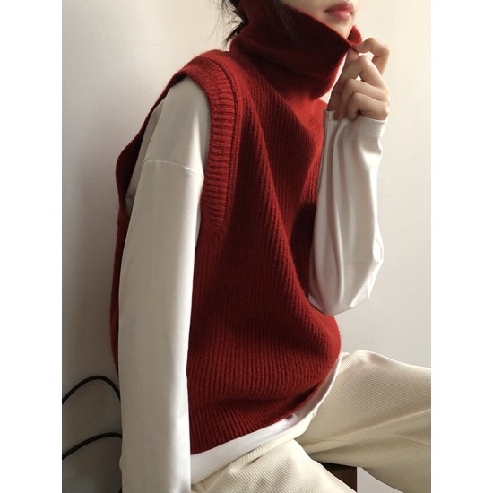 Casual Loose Sleeveless Solid Color High-Neck Sweater Vest Outerwear