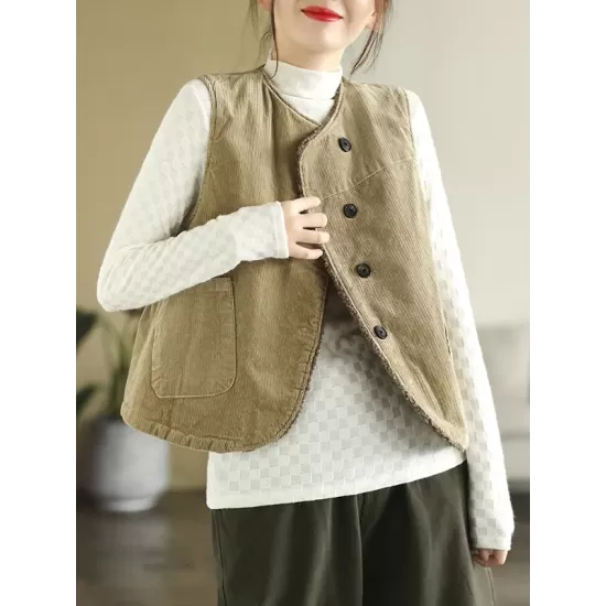 Vintage Sleeveless Loose Buttoned Split-Joint Solid Color Round-Neck Vest Outerwear