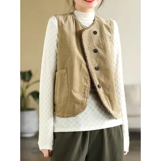 Vintage Sleeveless Loose Buttoned Split-Joint Solid Color Round-Neck Vest Outerwear