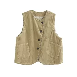 Vintage Sleeveless Loose Buttoned Split-Joint Solid Color Round-Neck Vest Outerwear