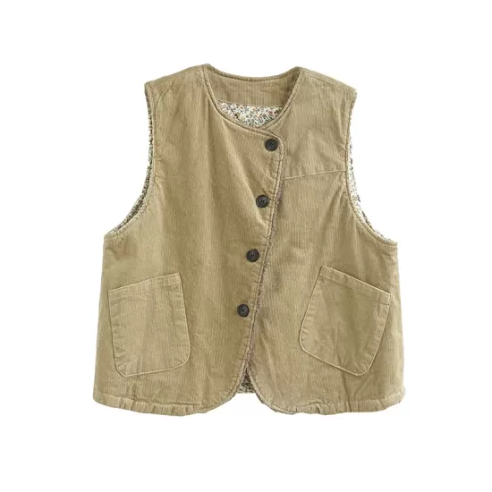 Vintage Sleeveless Loose Buttoned Split-Joint Solid Color Round-Neck Vest Outerwear