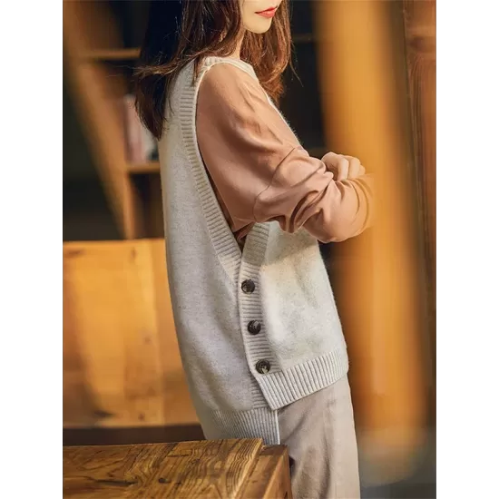 Casual Sleeveless Loose Solid Color Round-Neck Knitting Vest Outerwear