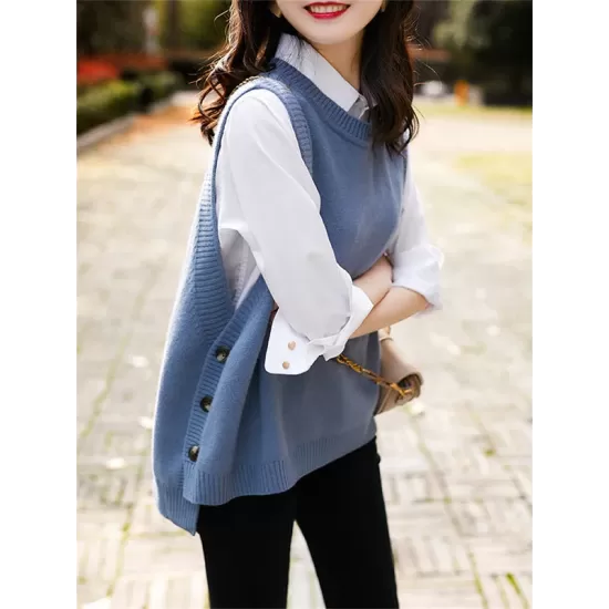 Casual Sleeveless Loose Solid Color Round-Neck Knitting Vest Outerwear