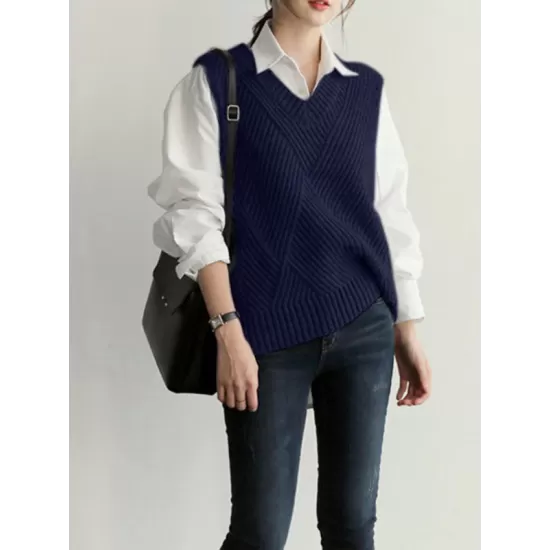 Casual Sleeveless Loose Solid Color V-Neck Vest Outerwear