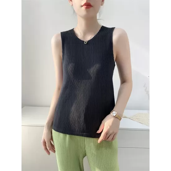 Casual Sleeveless Pleated Solid Color Round-Neck Vest Top