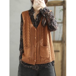 Casual Loose Sleeveless Buttoned Hollow Solid Color V-Neck Vest Outerwear