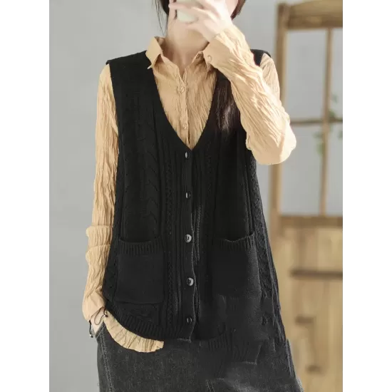 Casual Loose Sleeveless Buttoned Hollow Solid Color V-Neck Vest Outerwear