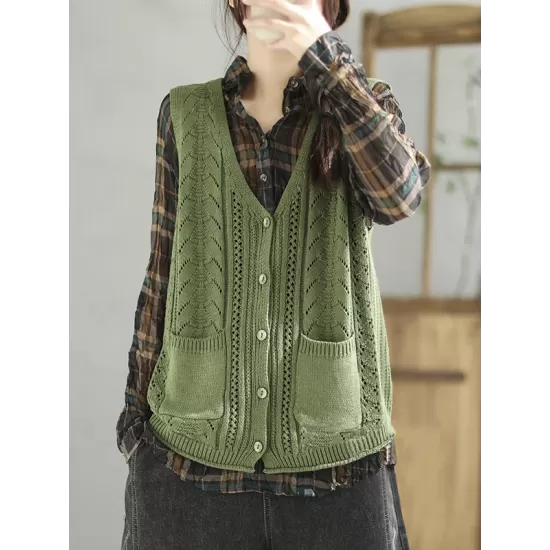 Casual Loose Sleeveless Buttoned Hollow Solid Color V-Neck Vest Outerwear