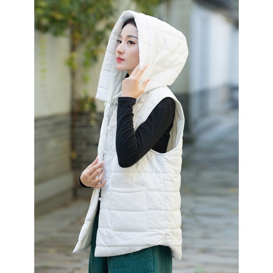 Simple Sleeveless Loose Keep Warm Cotton Quilted Solid Color Hooded Vest Outerwear