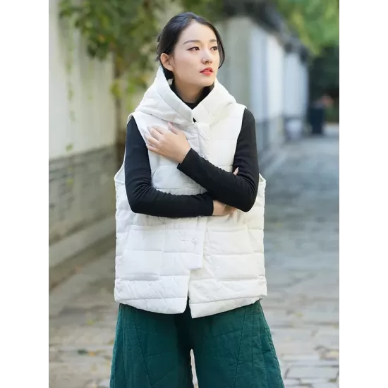 Simple Sleeveless Loose Keep Warm Cotton Quilted Solid Color Hooded Vest Outerwear